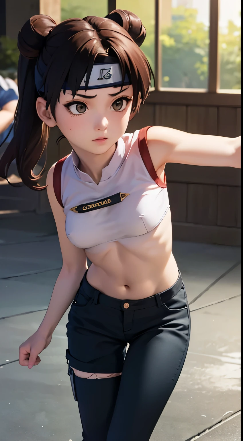 (best quality,4k,highres:1.2), ultra-detailed, realistic, photorealistic:1.37,detailed girl-Tenten, sexy girl, beautiful figure,long legs, medium chest, beautiful face,combat scene(fight), anime style, colorful, perceptive lighting
