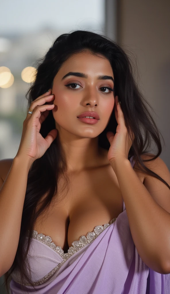 Create an ultra-realistic image of a modern, attractive female influencer of Indian descent, aged between 27 to 30. She should have a warm and inviting smile, expressive almond-shaped eyes with a slight shimmer, and clear, glowing skin with a medium brown complexion. Her features should be well-defined, with high cheekbones and a sharp jawline. Her hair should be long, thick, and styled in a classic chignon with delicate pearl hairpins, with a deep, reddish-purple hue that’s bold yet sophisticated. She should have a slender yet athletic build with gigantic breasts (plump: 1.3) (((Create a close-up image emphasizing the chest and upper body of a young woman. Her bust is prominent and full, accentuated by a low-cut, off-shoulder top made of silky, pale turquoise fabric. The top wraps around her chest, creating a slight lift and a deep, natural cleavage that is well-defined and smooth. The fabric softly hugs her curves, draping gently below her collarbones, and the knot at the center of the top subtly enhances the shape of her bust. The skin is smooth and flawless, with a soft, natural sheen under warm, gentle lighting, emphasizing the natural contours and softness of her chest. The background is softly blurred to keep the focus entirely on her upper body.))))