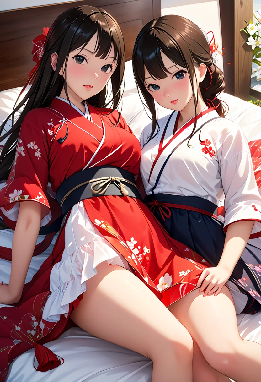 (( 1 woman)), (Shibuya　Rin:1.3)， beautiful face,Dyed bright red, shiny pink lips,  on the bed,masterpiece,  best quality,  VERY BEAUTIFUL, up to date,  complicated details, ,AI-generated,  complicated, high definition ,  best quality,   super quality ， browse viewers, anime woman with long black hair, smooth anime cg art,(Big Breasts:1.1), mature body,Tall, big butt , Sex, thin waist,( face:1.4,)，{{{ (nsfw:1.5}}}，(restrained, rope)，2girls, yuri, fingering pussy, spread legs，Kaisen Chuui