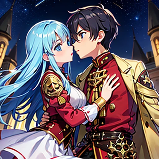 A girl with blue eyes and light blue hair, red blouse with gold plates on her body, pink panties, a gold bracelet and white skirt affectionately kissing a boy with short black hair on the lips, ojos marrones, lentes, red jacket with a night castle behind them and shooting stars in the sky