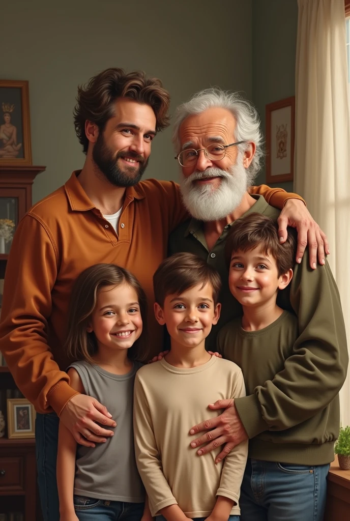 
woman with a big gray beard, brown bob hair, hazel eyes, large rounded nose, with children