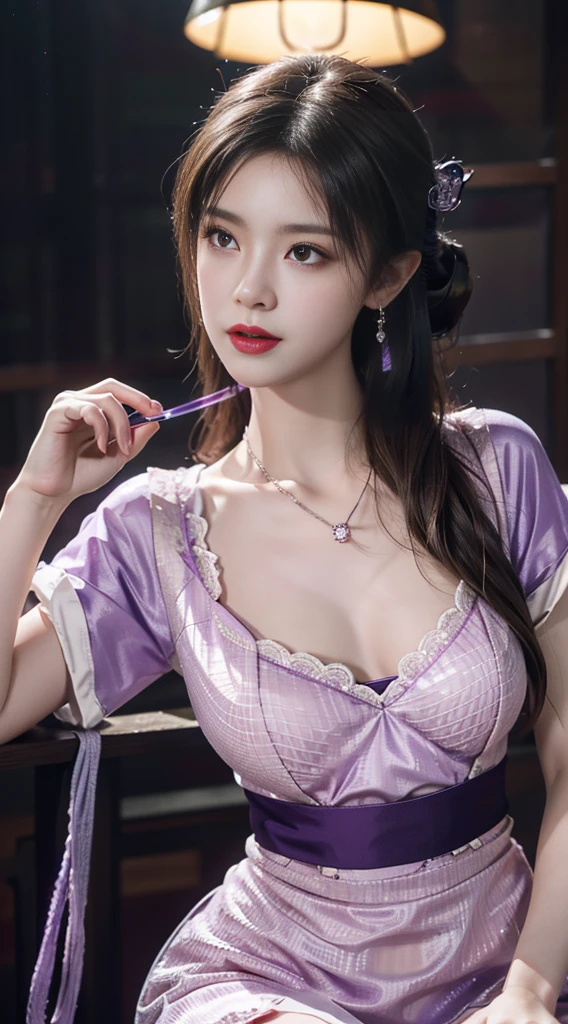 1 Beauty in Hanfu, Thin purple silk shirt, (Cleavage), Variety of textures, White lace blouse, Platinum purple long ponytail, hair accessories, earring, light purple rabbit ears, Necklaces and Necklaces, Carefully drawn big purple eyes, Detailed makeup, thin eyebrows, high nose, cute red lips, no smile, purse lips, red face, broad chest, big breasts , Well-proportioned breasts, slim waist, Purple fishnet stockings, Chinese Hanfu style, fictional art texture, The colors are vivid and true to life, original photo, Realistic photos, Ultra-high quality 8k hyper-realistic photos, (Effective fantasy lighting effects: 1.8), 10x pixels, magic effect (background): 1.8), super detailed eyes, Girl body portrait,  solo girl , Ancient Hanfu background,