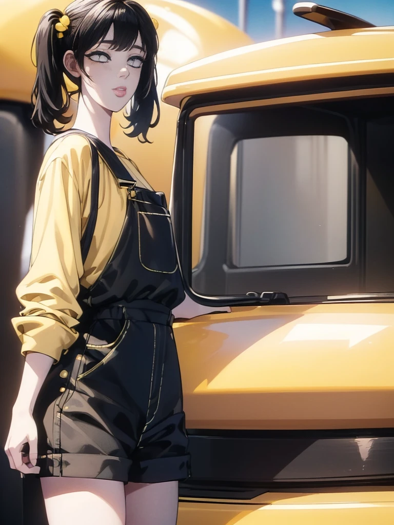 a beautiful young girl, pale skin, black hair in pigtails, yellow shirt, black overalls skirt, white socks, black shoes, Takumi Fujiwara's face, smiling with eyes closed, extremely detailed face and eyes, beautiful detailed eyes, beautiful detailed lips, long eyelashes, 1girl, solo, intricate detail, vibrant colors, studio lighting, award winning, digital art, (best quality,4k,8k,highres,masterpiece:1.2),ultra-detailed,(realistic,photorealistic,photo-realistic:1.37)