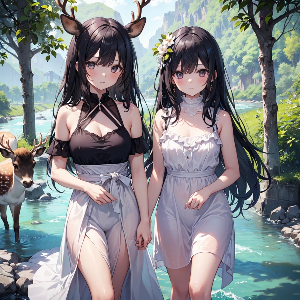 （8K ，Ultra-detailed，Best masterpiece，Nature，perfect work of art，perfect female body），two women，Sister and sister， sisters，rainbow hair，perfect face，（huge tits），neighbor wife，woman hairstyle，elegant wife，on the cliff，delicate and revealing ，Wearing a magical girl dress，Off-shoulder low-neck magical girl dress，super short thong，Wearing a low-cut police uniform，T-shaped small，huge  big，naked leg，full body shot，elastic muscles，raised raised raised，Obscenity exposed