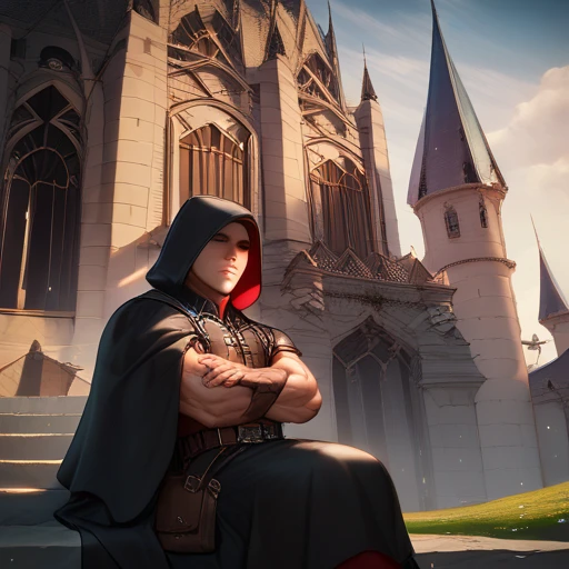 (absurdres,  highres icon,  ultra detailed ), 1 macho, adult, beautiful,   highly muscular face  ,  Broad shoulders, finely detailed eyes,  short black hair ,  brown eyes, Black cloak, wearing a hood, leather vest,  leather bag around the waist, 2 daggers on the belt , castle, medieval atmosphere,  natural light and shadow ,  There are shiny particles flying around the man, fantastic, Mysterious, intense shine,  Sitting posture,  serious expression , Cold, considered, Closed mouth