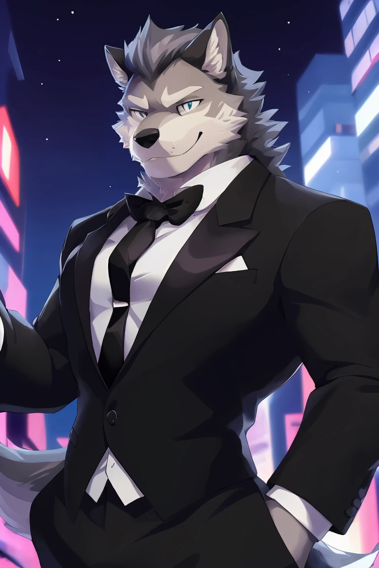 1man, Solo, Best Quality, 8k, From Front, Anime, Male Gender, Super Muscular Gray Wolf, , Wears Black Suit With Black tie , Looking at the viewer, smirking, 