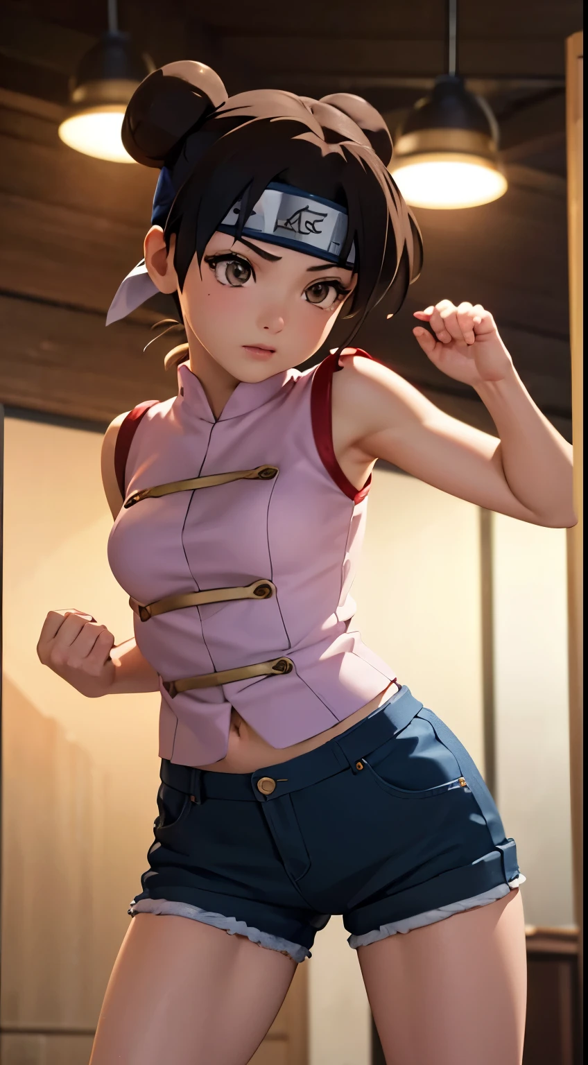 (best quality,4k,highres:1.2), ultra-detailed, realistic, photorealistic:1.37,detailed girl-Tenten, sexy girl, beautiful figure,long legs, medium chest, beautiful face,combat scene(fight), anime style, colorful, perceptive lighting
