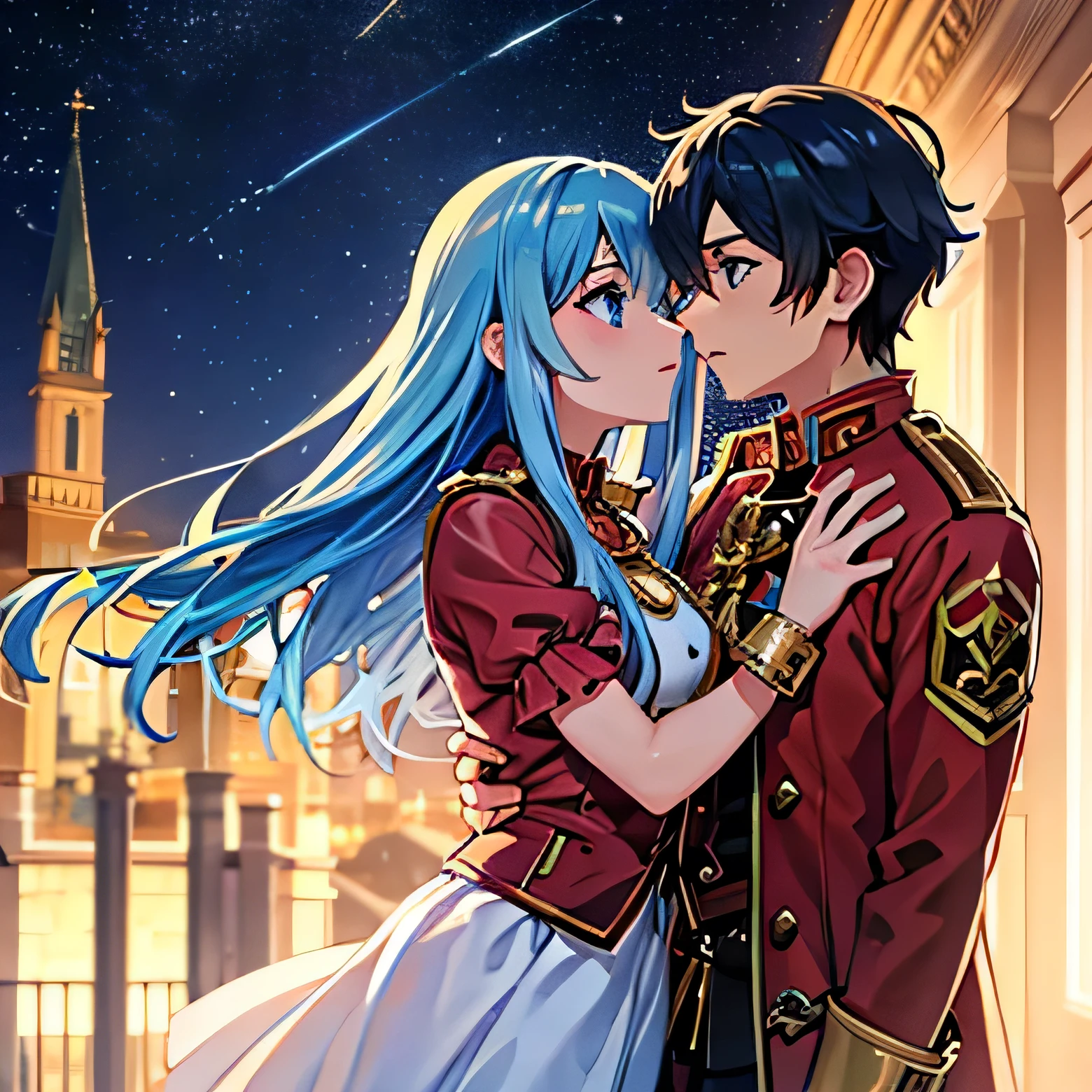 A girl with blue eyes and light blue hair, red blouse with gold plates on her body, pink panties, a gold bracelet and white skirt affectionately kissing a boy with short black hair on the lips, ojos marrones, lentes, red jacket with a night castle behind them and shooting stars in the sky