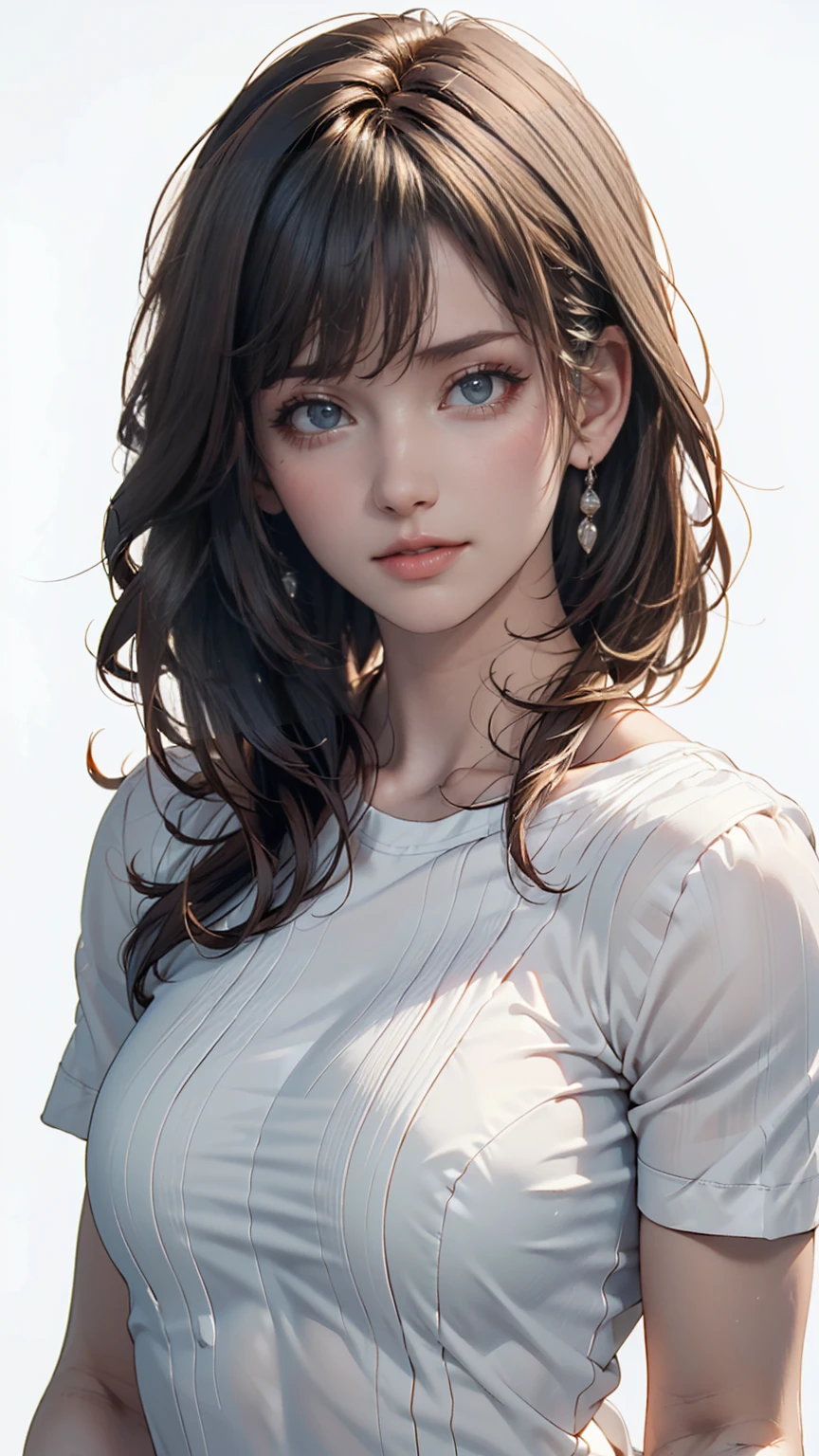 Highest quality, Realistic, 8k, High resolution, 1 girl, woman, (Skin Dentition), (Portraiture: 0.6), nice, (White Background: 1.82)), ((Big round breasts, Sleeveless white T-shirt: 1.75)), Straight Viewer: 1.8, (1 personEyes, Medium length hair, Brown Hair, Parted bangs : 1.65), Realistic, (Bokeh), (Mouth closed: 1.46), nice, Pure Eros Face_v1,