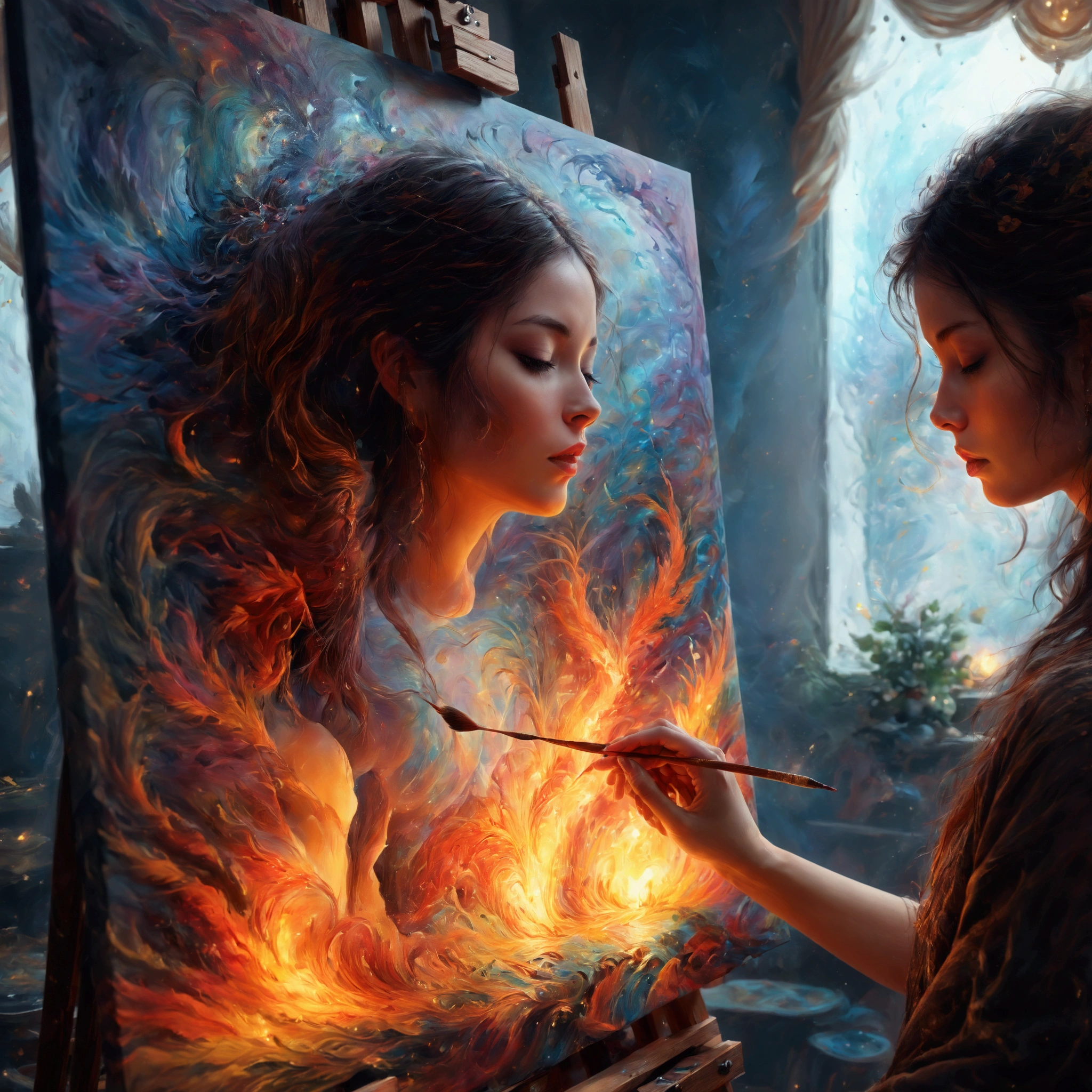 there is a woman that is painting a picture on a canvas, detailed painting 4 k, beautiful art uhd 4 k, realistic digital art 4k, realistic digital art 4 k, beautiful digital artwork, realistic fantasy painting, 4k highly detailed digital art, detailed 4 k painting, oil painting 4k, oil painting 4 k, detailed 4 k oil painting