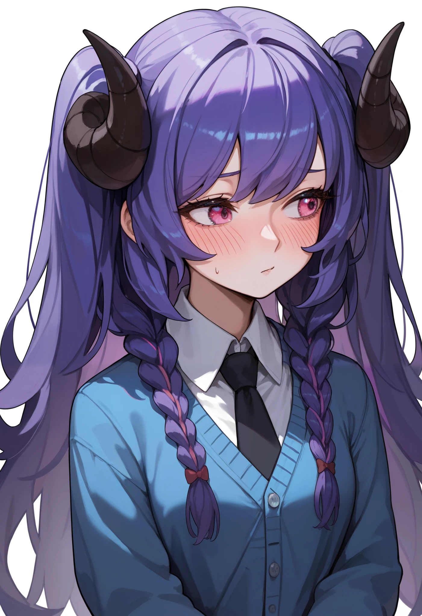 Masterpiece, anime, 1girl, Sbkin, sheep girl, long hair, purple hair, (twintails), big hair, braids, curved horns, pink eyes, (blue cardigan), white shirt, collared shirt, black tie, leaning to side, hands together, hands out of frame, looking away, blush, white background, blue frame, score_9, score_8_up, score_7_up, unaestheticXL_bp5