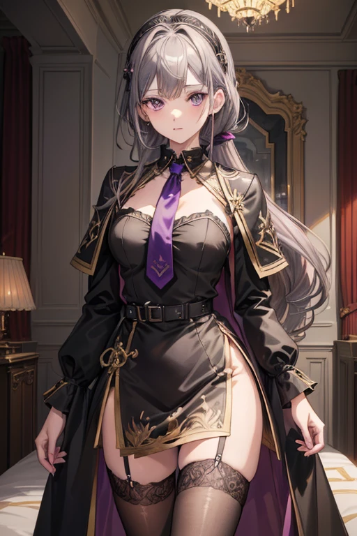 ( best quality:1.3), (masterpiece:1.3), (Illustration:1.3), ( super detailed:1.3), (Imide Shot:0.9),  1 girl,  purple eyes, (((Gray Hair))),  Hair Accessory, Tall, Mature, Long Hair, Hair tied up, indoor, thigh-highs,  low ponytail ,  upper body,  close, Black leather coat,  Black Suit , large ribbon tie with cameo ,  black and purple cloak attached to her collar