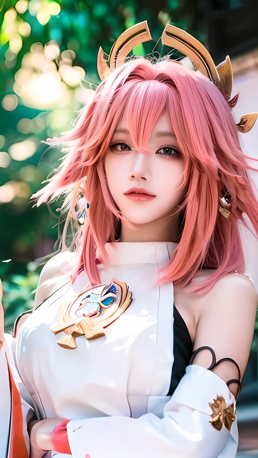 best quality, masterpiece, highres, 1girl,,yae miko from genshin impact cosplay,hair ornament,necklace, jewelry,Beautiful face,cute,upon_body, tyndall effect,photorealistic, dark studio, rim lighting, two tone lighting,(high detailed skin:1.2), 8k uhd, dslr, soft lighting, high quality, volumetric lighting, paparazzi, Photograph, high resolution, 4k, 8k, Bokeh, outdoor background