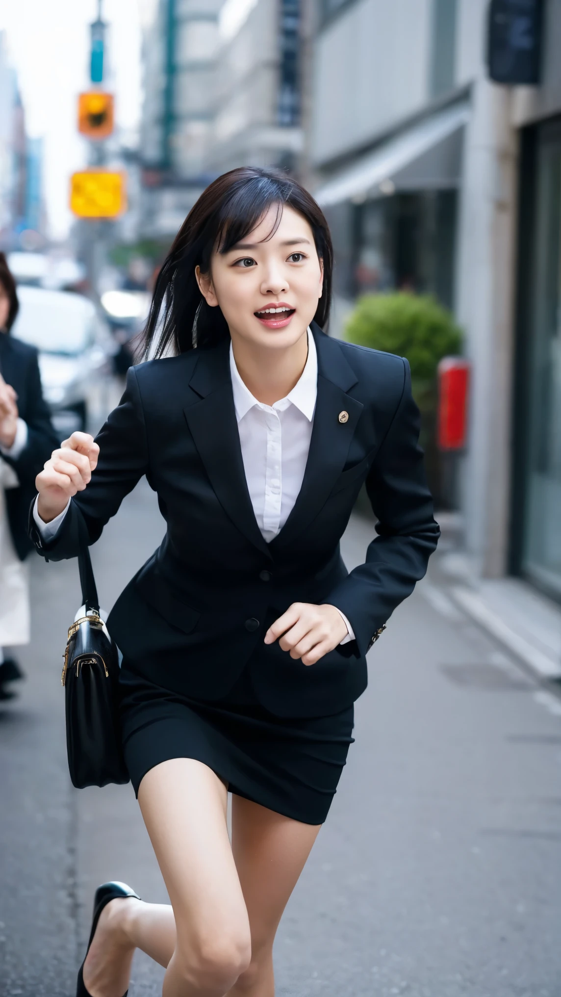 best quality、masterpiece、 ultra high resolution、(Realistic:1.4)、 downtown Tokyo、woman、ライオンから逃げるwoman、(((、Full speed ahead)))、Running Stance , serious expression、beautiful woman、 business suit、 skirt、 handbag 、 high heels,Short black hair,