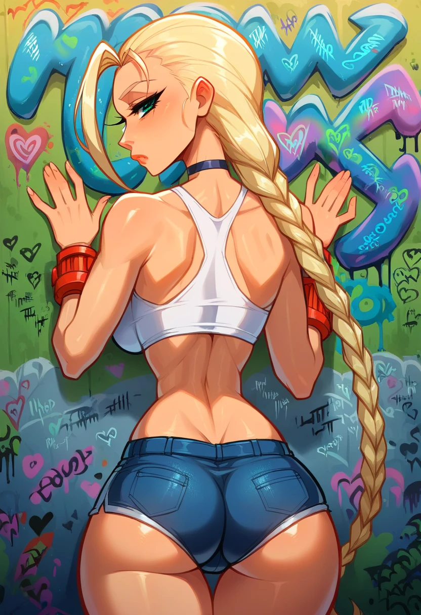 masterpiece,  best quality ,  beautiful 25-year-old woman ,  long hair , (mature face:1.4), [1mulher, Alone, crop top, shorts dolphin branco,  choker, (from behind:1.4), in this aprumada,  thick thighs ,  thin waist , (graffiti:1.5),  de Cammy White, arms against the wall ,  Looking at the viewer, clamp, thigh brace ,   head tilt, bored,  aqua eyes 