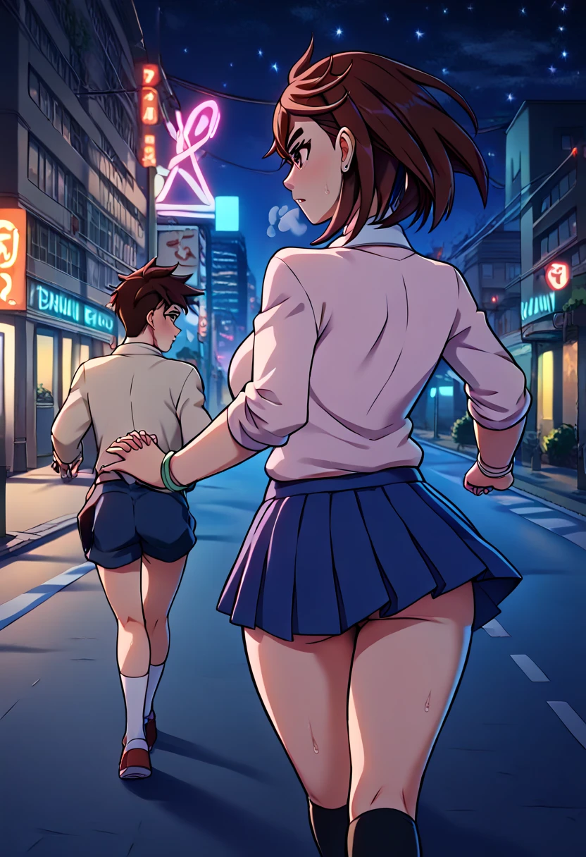 1boy,1girl, standing, Hold hands,looking back, ((be chased,Run and run away,Fast and fast,:1.5))
(night:1.2), cityscape, skyscraper, street, starry sky, neon sign,
masterpiece,best quality,amazing quality,very aesthetic,absurdres,newest, 
BREAK
1girl,momo ayase, short hair, brown hair, brown eyes, bangs, thick eyebrows, large breasts,School uniform,Be impatient,Being out of breath