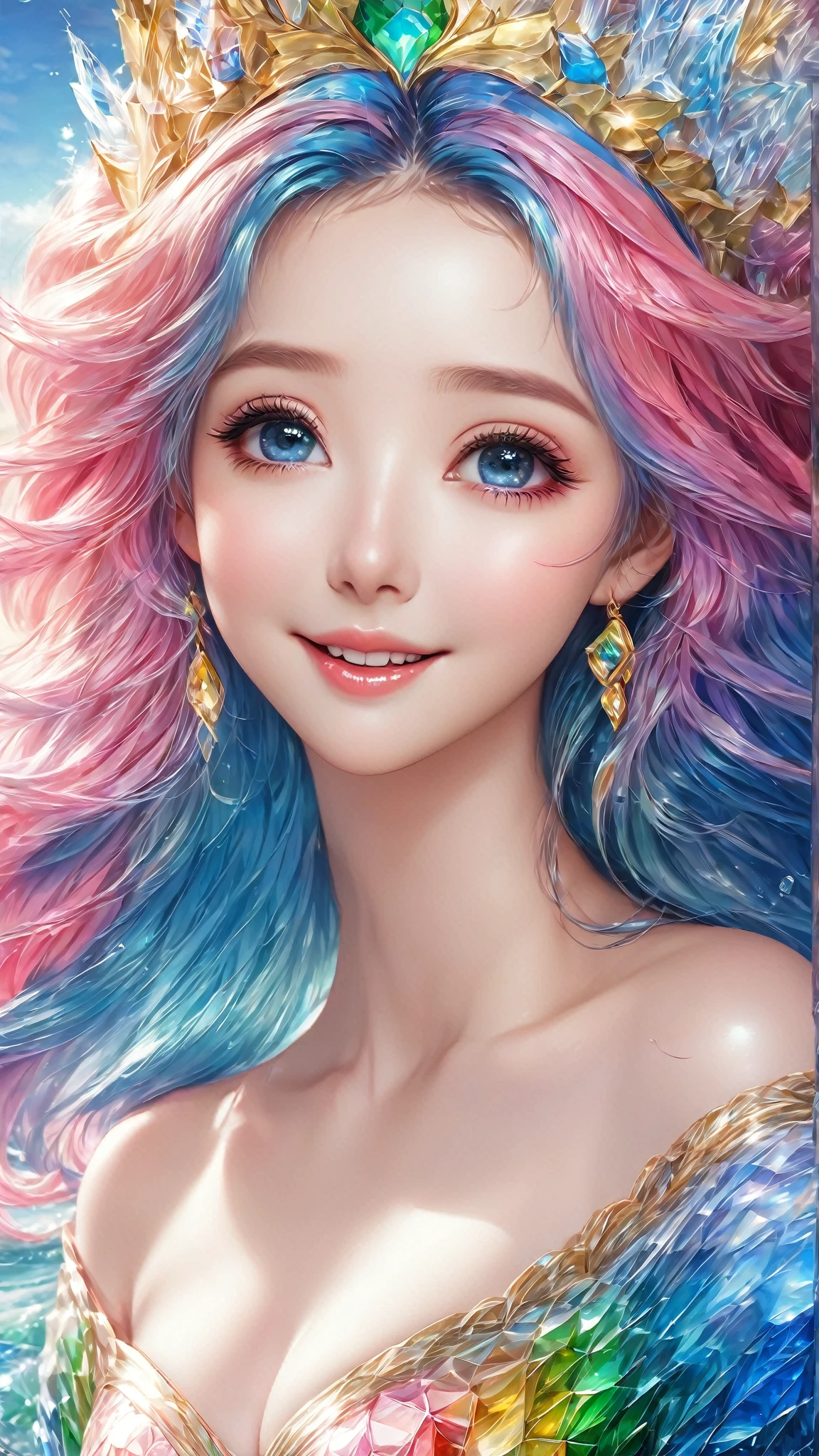 highest quality, 32k, RAW Photos, Incredibly absurd, Very detailed, Delicate texture, Beautiful woman bust up, Colorful light particles exploding in the mist, Fantastic and mysterious