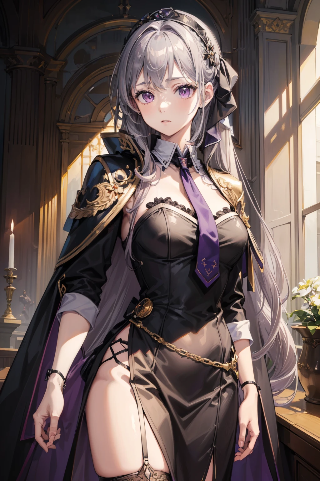 ( best quality:1.3), (masterpiece:1.3), (Illustration:1.3), ( super detailed:1.3), (Imide Shot:0.9), 1 girl, purple eyes, (((Gray Hair))), Hair Accessory, Tall, Mature, Long Hair, Hair tied up, indoor, thigh-highs, low ponytail , upper body, close, Black leather coat, Black Suit , large ribbon tie with cameo , black and purple cloak attached to her collar