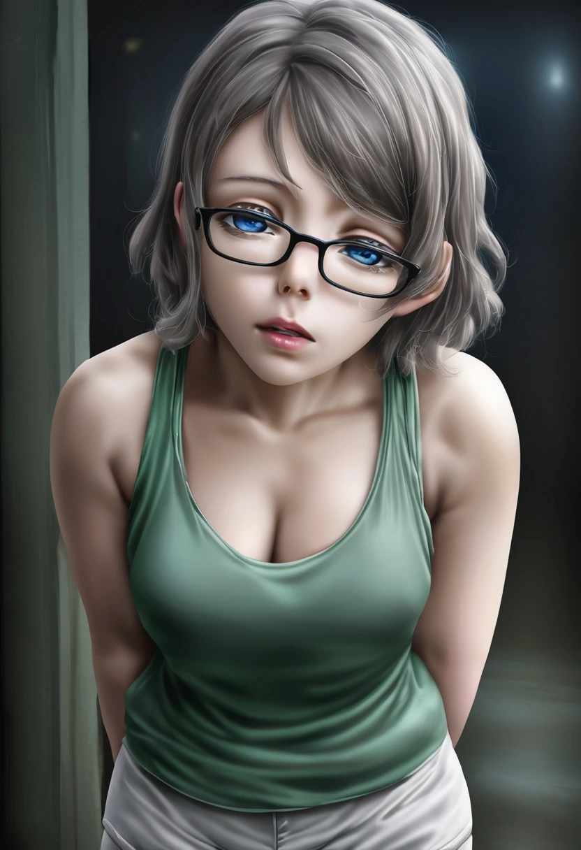 Watanabe you love live, realistic art style , medium hair,gray hair , blue eyes ,black-framed eyewear ,looking at viewer ,solo , green tank top, white shorts , standing,parted lips, night ,half closed eyes, cleavage,arms behind back