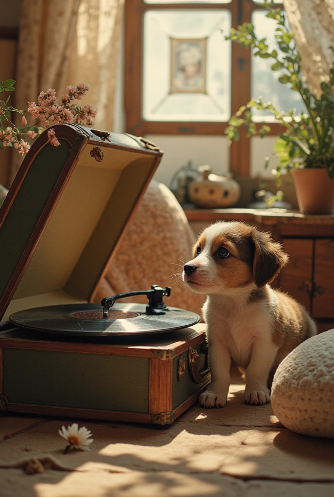  can be seen through the light、Prime Lenses、Record player in front of a cute puppy、 Vintage 、Retro、 Acceptable Sound 、 Comfortable Sound 、 Sharp Focus、 high definition 、 Image of an antique lace curtain swaying warmly