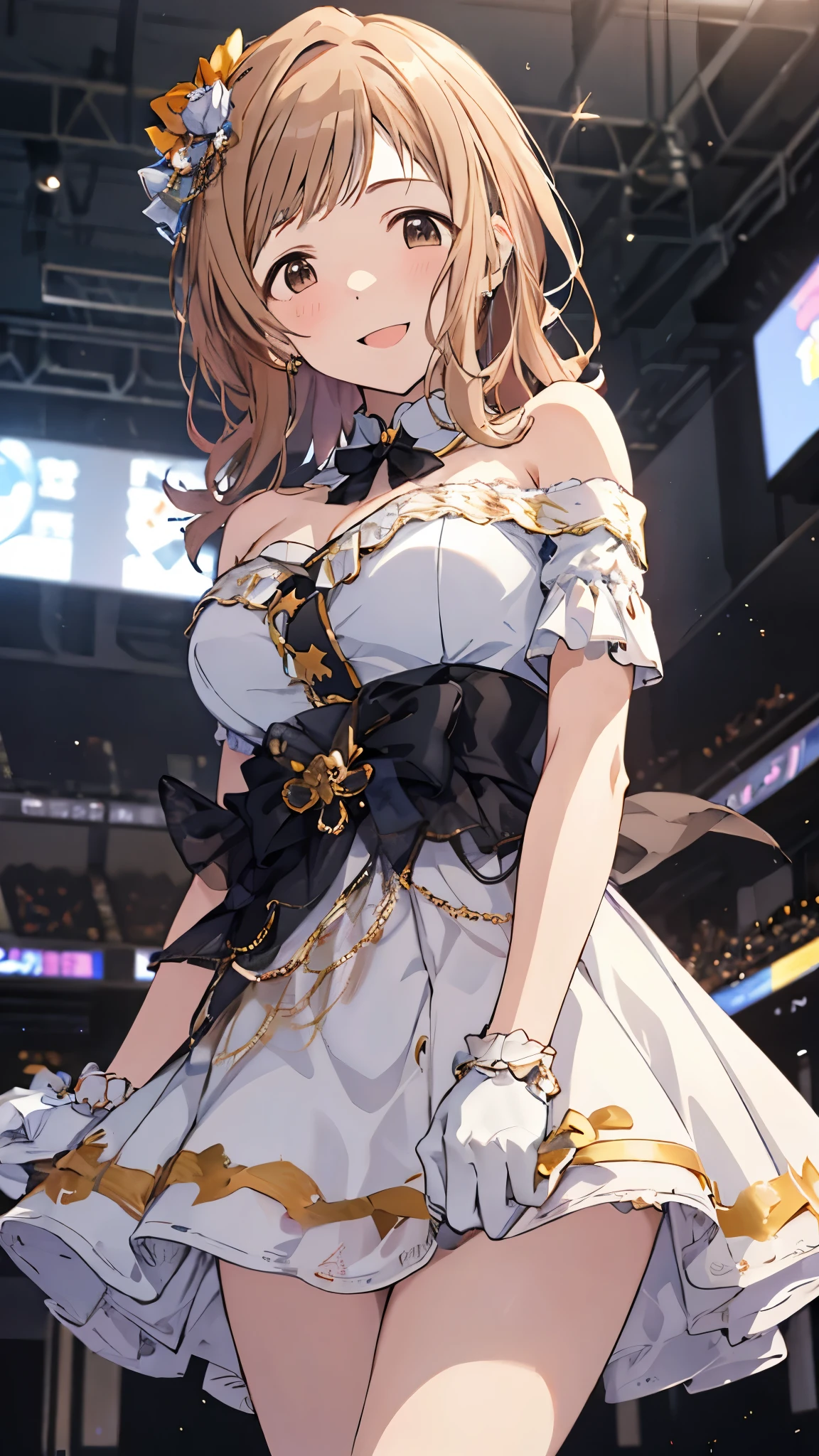 Sakuragi Hand  ( The Idolmaster), ( best quality, 8k, masterpiece,  very detailed:1.2), ( Lens Flare, Particles of light, Shine), Big Breasts, smile,  open your mouth, masterpiece,  best quality,  very detailed,  high definition ,  very detailedなCG, masterpiece,  best quality,  very detailed,  high definition ,  very detailedなCG,  Official Art, (White idol costume), (White Skirt), off-shoulder ,