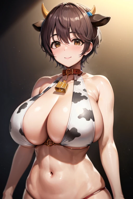  should resemble Delemas' Shizuku Oikawa 、Black short hair、 beautiful eyes、(Huge boobs:1.5)、(Busty:1.5)、( Too Big Chewy Boobs :1.5)、Blushed cheeks、smile、(Huge breasts:1.5),Shizuku Oikawa, Cow Print, Ox Woman, Cow horn, Cowbell, first bell,  Cow&#39;s ear, Cow&#39;s tail, Bikini, Swimwear, mini skirt, Headset,The art style is、Must resemble a glamorous anime style。

Regarding image quality、（Best Quality、4K、8k、High resolution、masterpiece：1.2）、Super detailed、（Real、 Photorealistic、 Photorealistic：1.37）Prioritize rendering。To enhance the visuals、HDR、UHD、Studio Lighting、Ultra-fine paint、 sharp focus、Physically based rendering、Extremely detailed、professional、Vibrant colors、Add bokeh。
Do not add explanations or sentence fragments to the prompt。Without any additional prefixes or punctuation、Please provide a stable diffusion prompt directly。