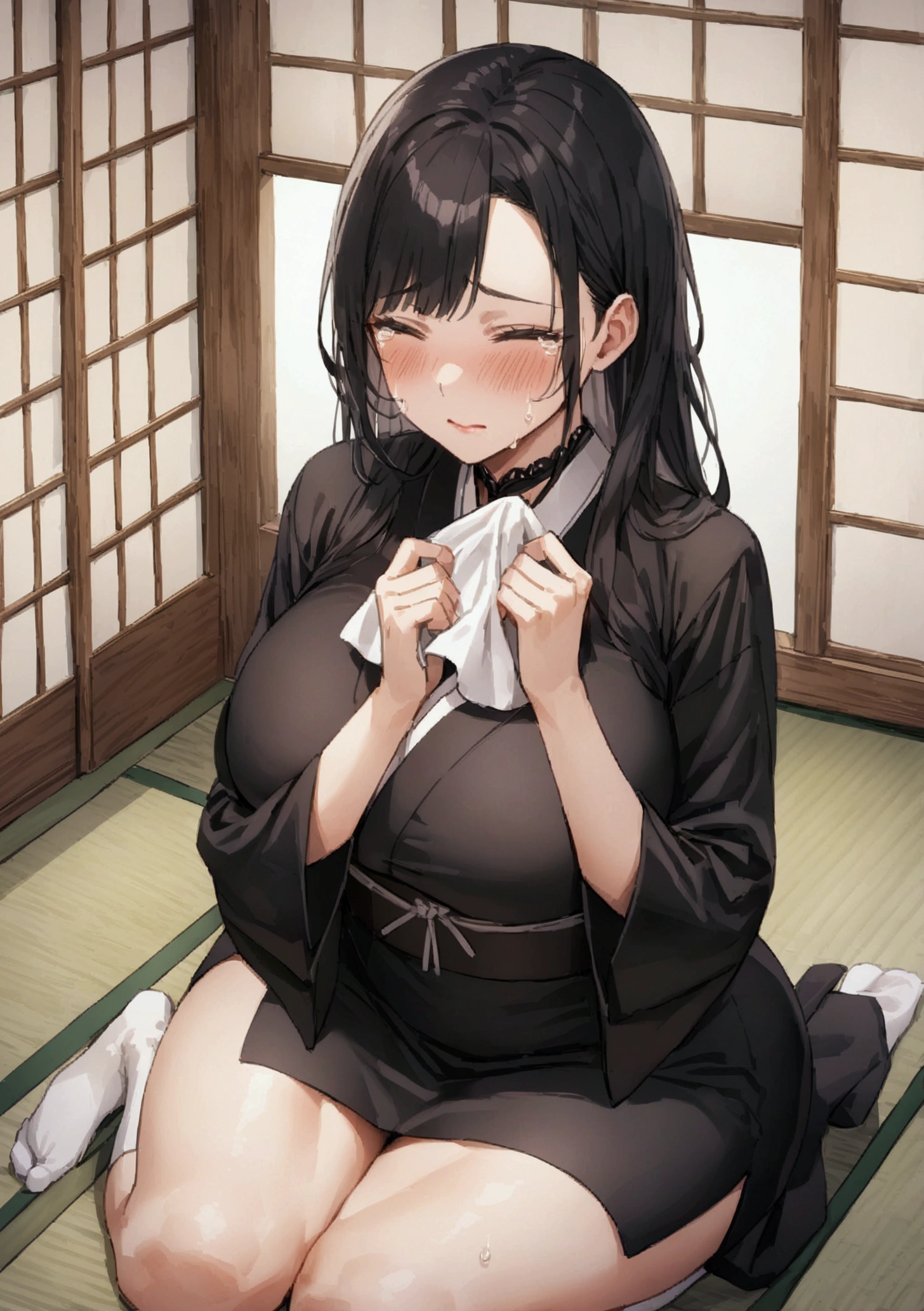 score_9, score_8_up, score_7_up, score_6_up, score_5_up, score_4_up,perfect hands, (1girl,solo),Fushikawa Kokoro, black hair, double bun, blunt bangs, twintails, pink eyes,pink kimono, obi,(flat chest:0.8),(slim legs),curvy,(blush:0.5),(scared:1.1),(disgust:0.7),(crying:1.2),japanese-style room, rating_explicit, uncensored, (looking at the boy),sitting,small areola,(sweat),(trembling:1),(turn pale:0.7),(1boy),cum on face,cum on cloth,cum on hair,cum on body,one eye half closed,(teeth:0.5),(pulling down panties), (pulled by another), (pulling back own panties), (pulled by boy)