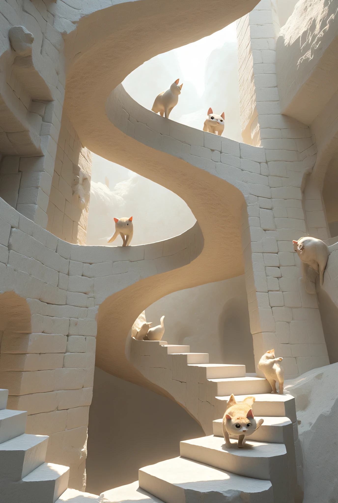 Penrose stairs made of very realistic stone, with cute cats happily walking on them, simple background