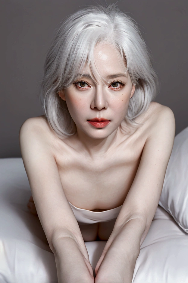 a beautiful 50-year-old woman, long hair, white hair, nude, sexually aroused, looking at me, lying on a bed, legs spread wide, high quality, detailed face, detailed eyes, detailed lips, erotic, smooth legs, detailed hands