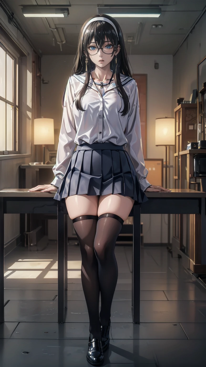 ,School classroom background.Intellectual beauty,  Ivory Shiny Silky Slightly Disheveled Wavy Half Up,  hair clips, compensate, Grace, dignity,  Attractive blue eyes, Glasses, Laugh like a mischievous ,  happy , shy, Curvaceous,  Wearing a Black Business Suit and Miniskirt , Open-collar white shirt,  earrings for a woman alone,  Necklaces ,  Sitting in the Break Room Relaxing , BREAK Various effects,  Delicate and Dynamic Textures ,  light and dark contrast , 2.5D,  Artistic Photo ,  surreal,  Digital Graphic CG , Break Super Details, Absolute determination,  best quality
