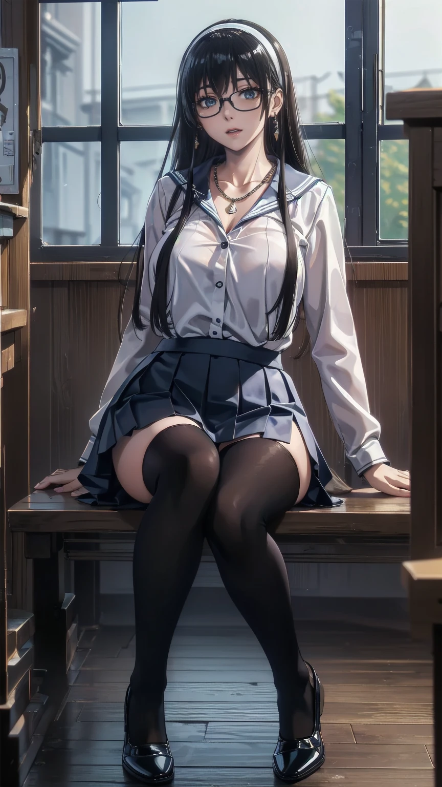 ,School classroom background.Intellectual beauty,  Ivory Shiny Silky Slightly Disheveled Wavy Half Up,  hair clips, compensate, Grace, dignity,  Attractive blue eyes, Glasses, Laugh like a mischievous ,  happy , shy, Curvaceous,  Wearing a Black Business Suit and Miniskirt , Open-collar white shirt,  earrings for a woman alone,  Necklaces ,  Sitting in the Break Room Relaxing , BREAK Various effects,  Delicate and Dynamic Textures ,  light and dark contrast , 2.5D,  Artistic Photo ,  surreal,  Digital Graphic CG , Break Super Details, Absolute determination,  best quality
