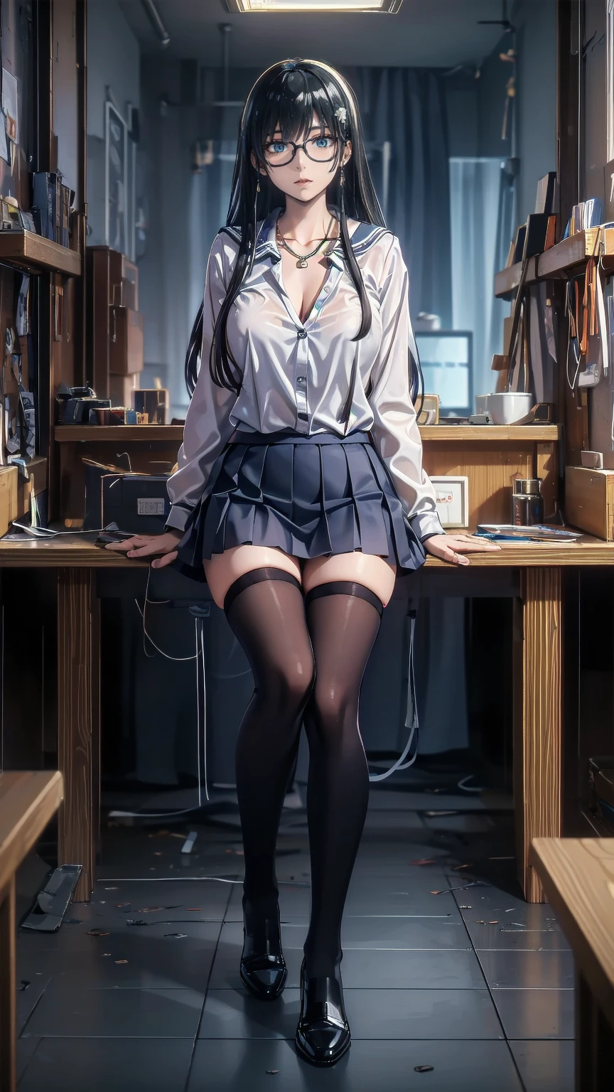 ,School classroom background.Intellectual beauty,  Ivory Shiny Silky Slightly Disheveled Wavy Half Up,  hair clips, compensate, Grace, dignity,  Attractive blue eyes, Glasses, Laugh like a mischievous ,  happy , shy, Curvaceous,  Wearing a Black Business Suit and Miniskirt , Open-collar white shirt,  earrings for a woman alone,  Necklaces ,  Sitting in the Break Room Relaxing , BREAK Various effects,  Delicate and Dynamic Textures ,  light and dark contrast , 2.5D,  Artistic Photo ,  surreal,  Digital Graphic CG , Break Super Details, Absolute determination,  best quality
