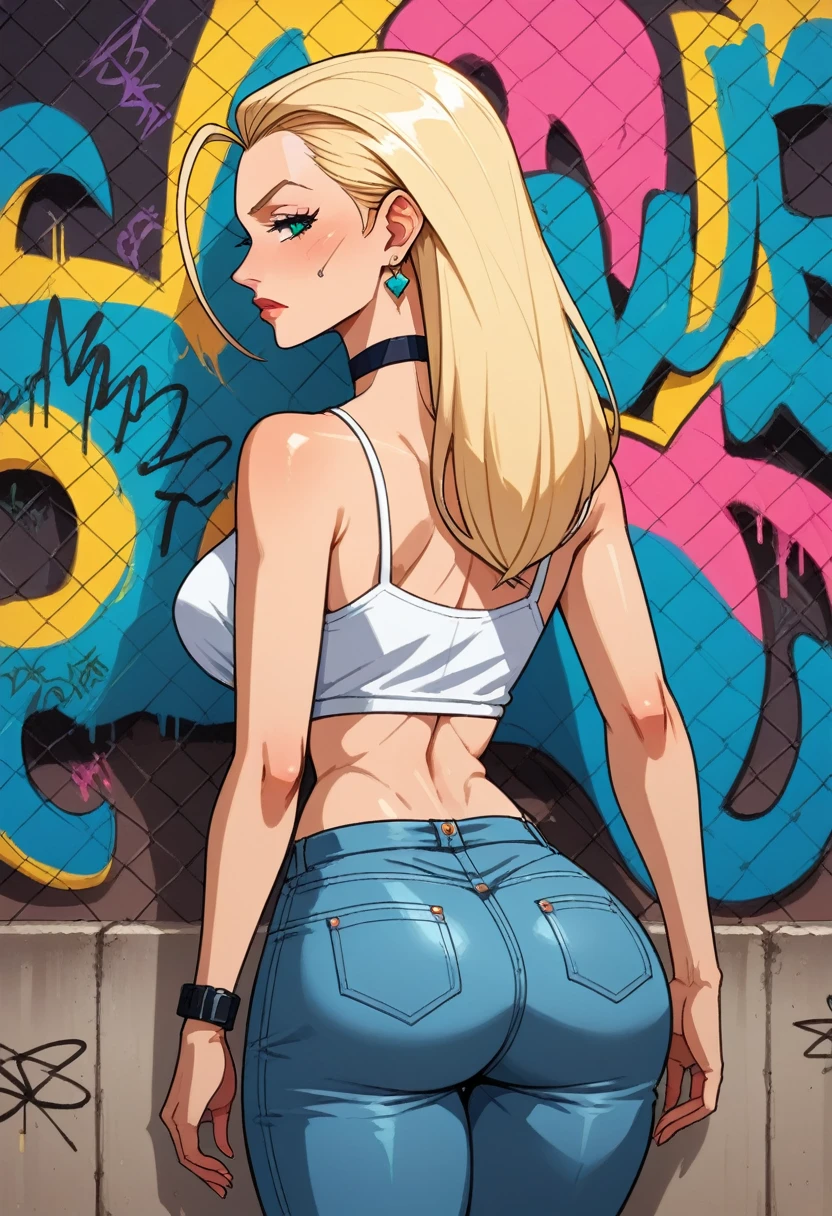 masterpiece,  best quality ,  beautiful 25-year-old woman ,  long hair , (mature face:1.4), [1mulher, Alone, crop top, shorts dolphin branco,  choker, (from behind:1.4), in this aprumada,  thick thighs ,  thin waist , (graffiti:1.5),  de Cammy White, arms against the wall ,  Looking at the viewer, clamp, thigh brace ,   head tilt, bored,  aqua eyes 