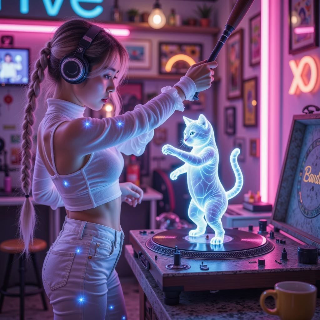 Full color, (transparency:2.0), Vintage Record Player/Vintage record player/ vintage record player swinging up the bat
rest Ultra-realism,  detailed and realistic skin texture,  Detailed and Intricate Textures ,  Details and Intricate Brushstrokes , Clear depiction of details, Transparent depiction, Aesthetic , 
Girl with cat,  DJ girl in the club ,  cyberpunk ,  white purple gradient long braids , Neon holographic transparent cat dancing like a human, rest Neon Art Background,  Movie Lighting Effects ,  transparent light , Mysterious glow,  magical fog , Discreet , 
rest ((Phantom rainbow , holographic)), (詳細でTransparent depiction, transparency:1.6),Vintage Record Player/Vintage record player/ vintage record player swinging up the bat