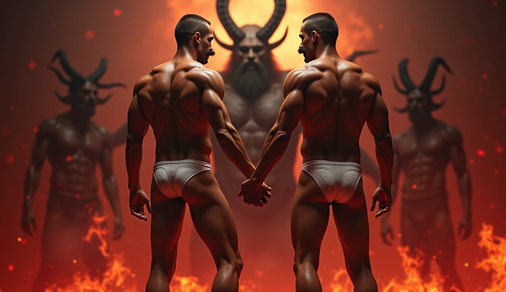 HD wallpaper of two naked men facing each other in hell