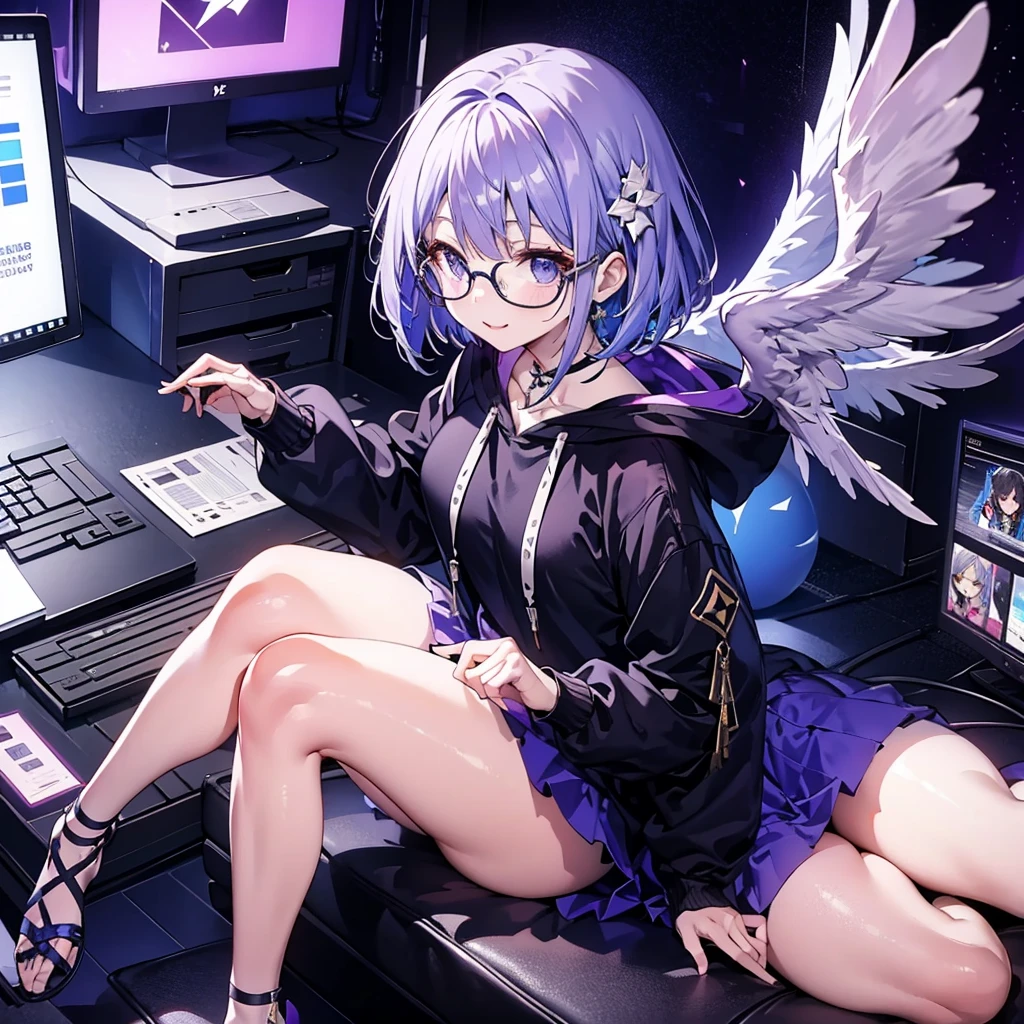 solo1.8、 High Quality、Bird's-eye view from above composition 1 .7、Seiko no Hand 1 .5、 black bob cut、 sitting on the purple cube in front of the monitor 、black simple hoodie and purple mini skirt 1.6、 Fleshy Thighs 1 .3、 with a silver light cube floating in the right hand 1.7、voluptuous0.6、Angel Girl Sandalphone 1 .8、Confident smile without opening her mouth1 .1、black rimmed glasses 1.4、dark room 1 .8