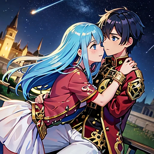 A girl with blue eyes and light blue hair, red blouse with gold plates on her body, pink panties, a gold bracelet and white skirt affectionately kissing a boy with short black hair on the lips, ojos marrones, lentes, red jacket with a night castle behind them and shooting stars in the sky