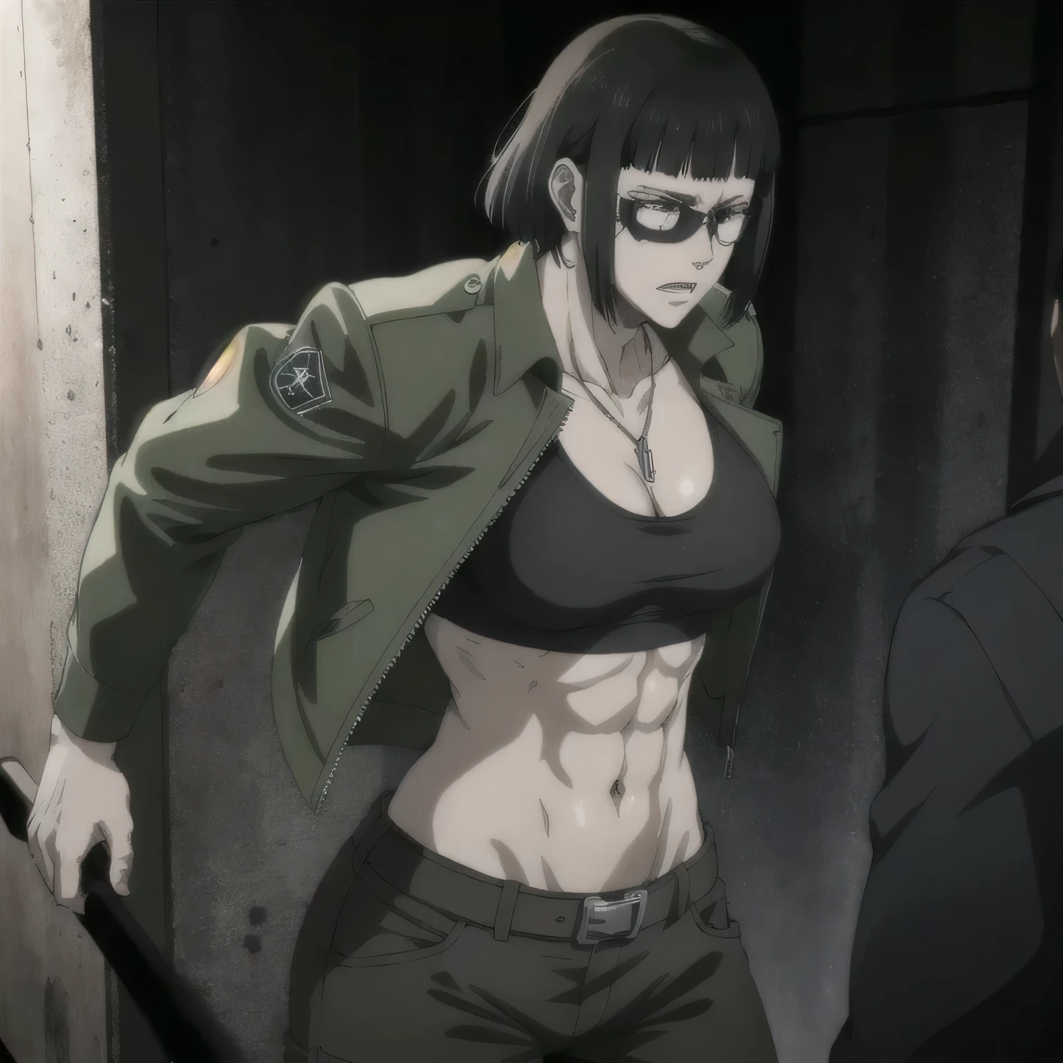 best quality,ultra-detailed,realistic:1.37),musclaur badass girl with sculpted body with preview her musclaur body and six-pack, full review of the female character's face and body, intense expression, strong and confident posture, studio lighting, vivid colors, physiologically-based rendering, grungy texture, rugged background, dust particles in the air, commanding presence, professional, powerful, gritty aesthetics,,Valmet،short hair,necklace,Light reflection on shoulders,clean muscles،wearing green tall open jacket with black 
Pants and black sport bra,،muscles review( girl solo),eyepatch,Shining muscles,eyes detailing,fat free body,veins in muscles,penis growth inside shorts,Photo session,,no underwear,with dragon belt,complex muscles,military theme,military appeal,Rectangular six-pack
