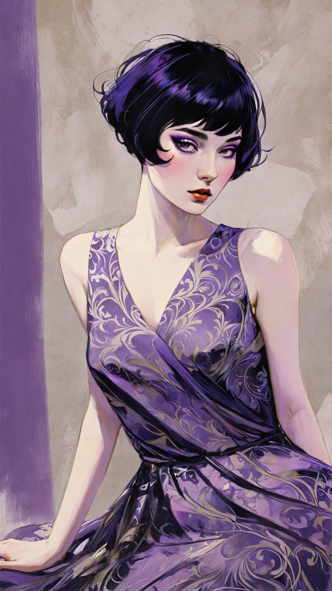 chiaroscuro technique on sensual illustration of an elegant queen (((short hair with bangs:1.4、Beautiful bangs) , vintage ,silky dress, matte painting, by John Singer Sargent, by Harumi Hironaka, extremely soft colors, dark vibrant, purple pastel, highly detailed, digital artwork, high contrast, dramatic, refined, tonal, an intimate, seductive studio setting with a focus on sensuality and romance. Utilize soft, warm lighting that bathes the space in a gentle, inviting glow. Incorporate luxurious fabrics, plush furnishings, and a touch of decadence to evoke an opulent ambiance. The scene should exude an air of serenity and anticipation, inviting the viewer into a sensual and romantic space