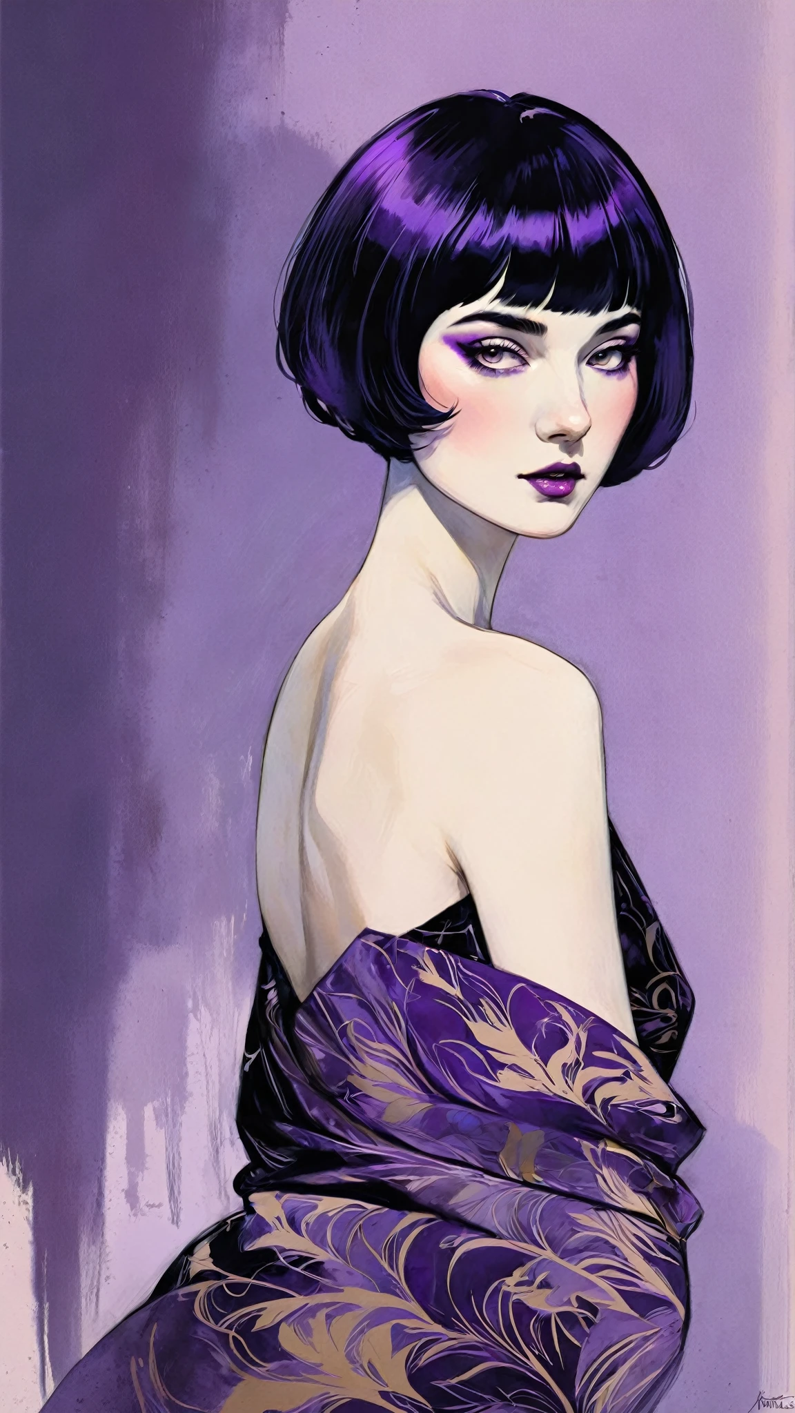 chiaroscuro technique on sensual illustration of an elegant queen (((short hair with bangs:1.4、Beautiful bangs) , vintage ,silky dress, matte painting, by John Singer Sargent, by Harumi Hironaka, extremely soft colors, dark vibrant, purple pastel, highly detailed, digital artwork, high contrast, dramatic, refined, tonal, an intimate, seductive studio setting with a focus on sensuality and romance. Utilize soft, warm lighting that bathes the space in a gentle, inviting glow. Incorporate luxurious fabrics, plush furnishings, and a touch of decadence to evoke an opulent ambiance. The scene should exude an air of serenity and anticipation, inviting the viewer into a sensual and romantic space