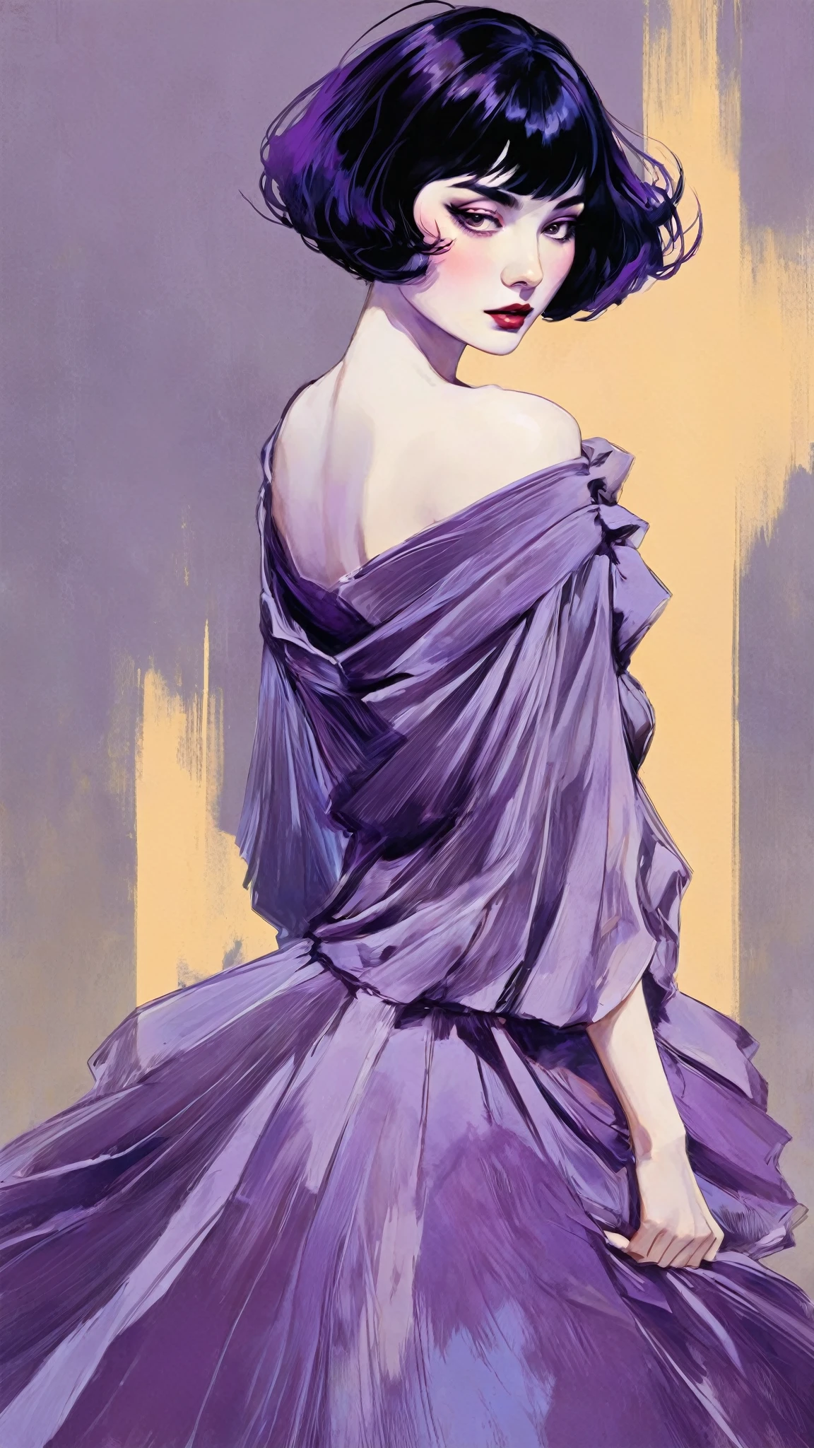 chiaroscuro technique on sensual illustration of an elegant queen (((short hair with bangs:1.4、Beautiful bangs) , vintage ,silky dress, matte painting, by John Singer Sargent, by Harumi Hironaka, extremely soft colors, dark vibrant, purple pastel, highly detailed, digital artwork, high contrast, dramatic, refined, tonal, an intimate, seductive studio setting with a focus on sensuality and romance. Utilize soft, warm lighting that bathes the space in a gentle, inviting glow. Incorporate luxurious fabrics, plush furnishings, and a touch of decadence to evoke an opulent ambiance. The scene should exude an air of serenity and anticipation, inviting the viewer into a sensual and romantic space