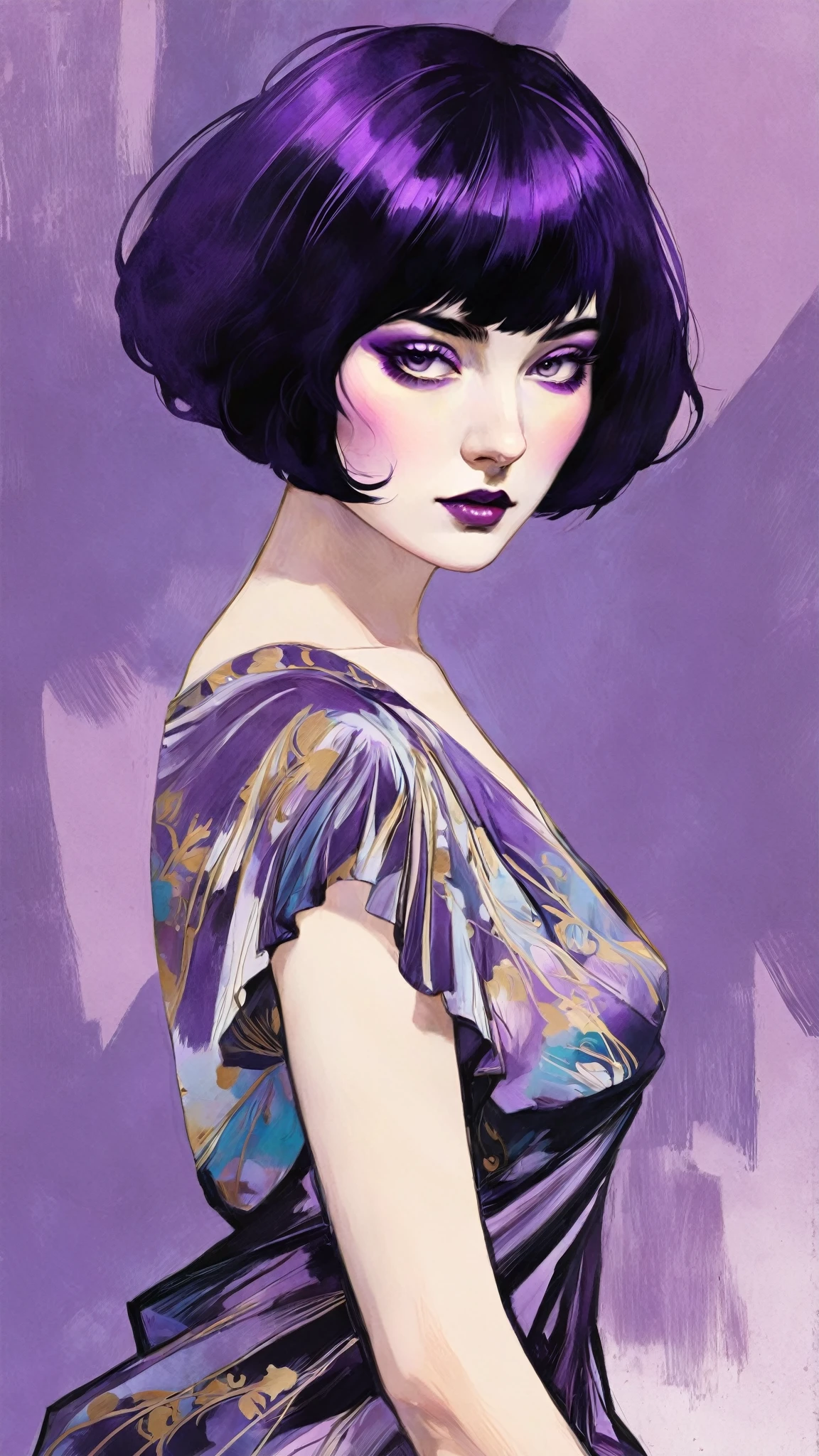 chiaroscuro technique on sensual illustration of an elegant queen (((short hair with bangs:1.4、Beautiful bangs) , vintage ,silky dress, matte painting, by John Singer Sargent, by Harumi Hironaka, extremely soft colors, dark vibrant, purple pastel, highly detailed, digital artwork, high contrast, dramatic, refined, tonal, an intimate, seductive studio setting with a focus on sensuality and romance. Utilize soft, warm lighting that bathes the space in a gentle, inviting glow. Incorporate luxurious fabrics, plush furnishings, and a touch of decadence to evoke an opulent ambiance. The scene should exude an air of serenity and anticipation, inviting the viewer into a sensual and romantic space