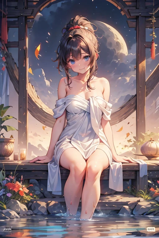 ((Masterpiece)), (High Definition:1.3), (Professional Photography), 8K, from above, Textured skin, Cute teenage young Girl, small breast, open mouth, ((trival anklets)), (very messy medium hair), very blush and shy, cute makeup, ((summer day)), sitting on the cliff tip, ((wearing traditional Vietnamese outfit, Ao-dai)), (Landscape below the deep cliff), barefoot, 1girl, slender body, cat ears, pale brown hair, (slightly Spread legs apart),