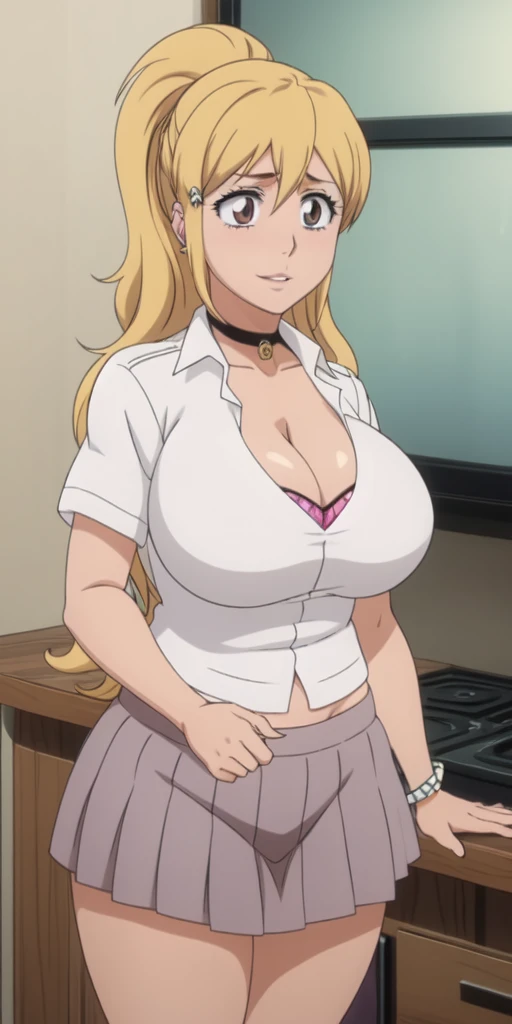 Orihime Inoue,Bleach artstyle,Big breast,Enchanted big breast,Tanned skin,Thick lips,Eyelash,Circle piercing in lips,((((White shirt school uniform)))),Cleavage,(((short gray skirt)))Curvy figure,Plump,Hoopa bracelet,Long nail,Side burn visible,look at viewer,(((yellow blond color hair))),((head facing front)),High quality,Highres,Humongous big breast,Ear visible,Big cleavage,light blush,Stud earring,A lot of piercing,Omitted Side locks hair,Symetrical breast,((black Chocker)),Heart shape earring,Hyper Detail,TANNED SKIN,Brown Skin,((tanned Gyaru)),Crossing arm,Blunt bang,Messy hair,Detailed lips,Colorless lips,puckered lips,unbuttoned collar shirt,mono color hair,((Shura messy hair)),See throught leopard print bra,Half eyes open,Solo,1girl,light blush,Happy,Smile