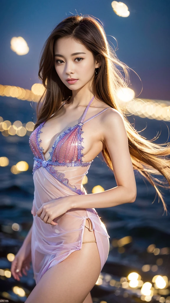 an 8K quality photo of a beautiful 18-year-old girl, are standing on the beach and posing seductively. She wears light makeup, wear thin tight clothing, Blonde, White. She wears a necklace with a small star-shaped pendant, accentuate her outfit. Her hair was flying with the wind, Create a light and fresh space. The photo was taken with extreme detail, Make sure every aspect of the photo is sketched with incredible accuracy. The photo does not have any detail errors, and overall a beautiful and captivating photo. Paired with this scene are works by renowned photographers and fashion designers such as Mario Testino, Peter Lindbergh, and Tom Ford, along with other artists such as Roy Lichtenstein and Jeff Koons.