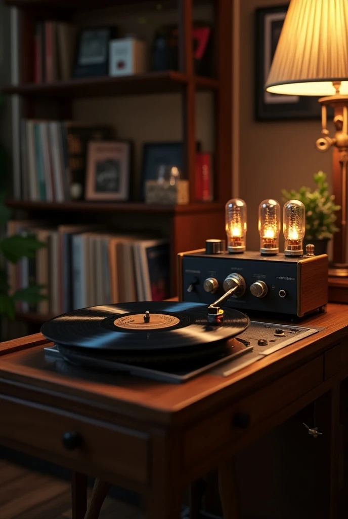 vintage record player, a vacuum tube amplifier, vacuum tubes on the top of the amplifier