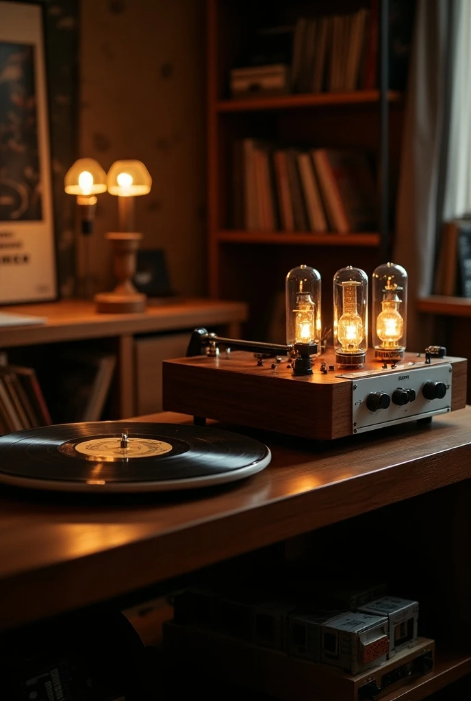 vintage record player, a vacuum tube amplifier, vacuum tubes on the top of the amplifier