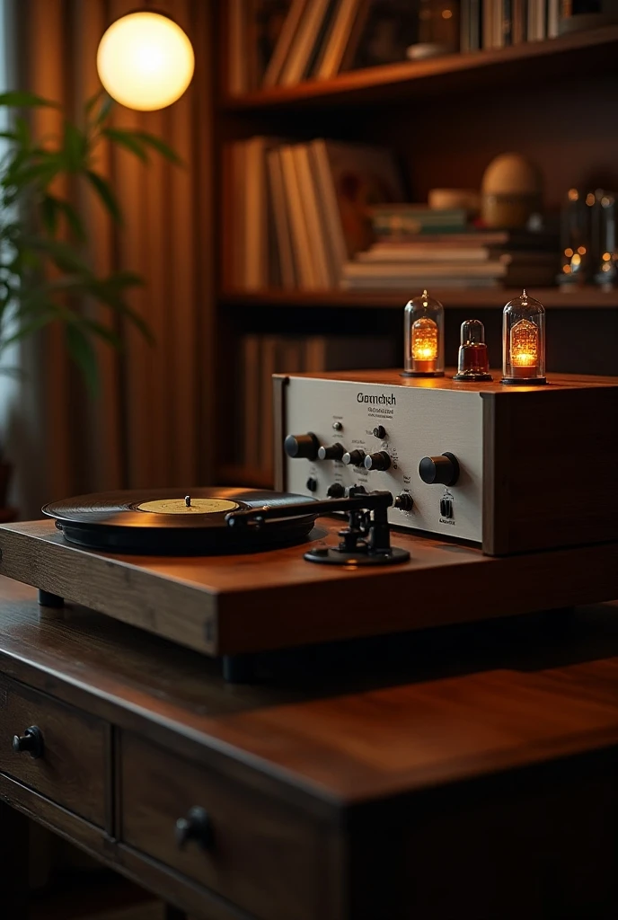 vintage record player, a vacuum tube amplifier, vacuum tubes on the top of the amplifier