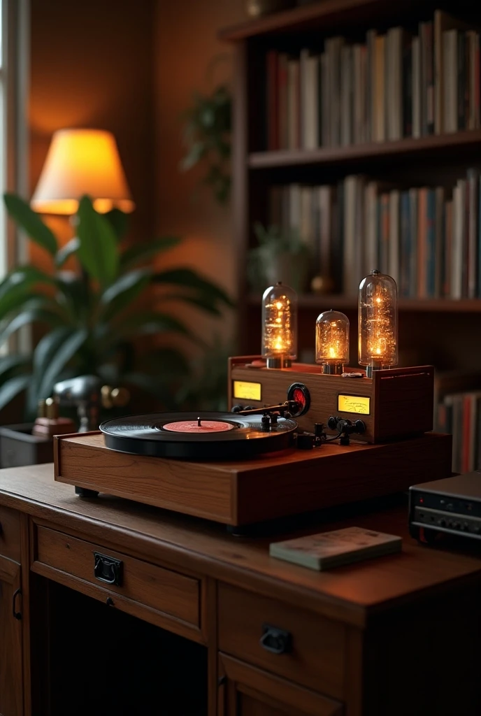 vintage record player, a vacuum tube amplifier, vacuum tubes on the top of the amplifier