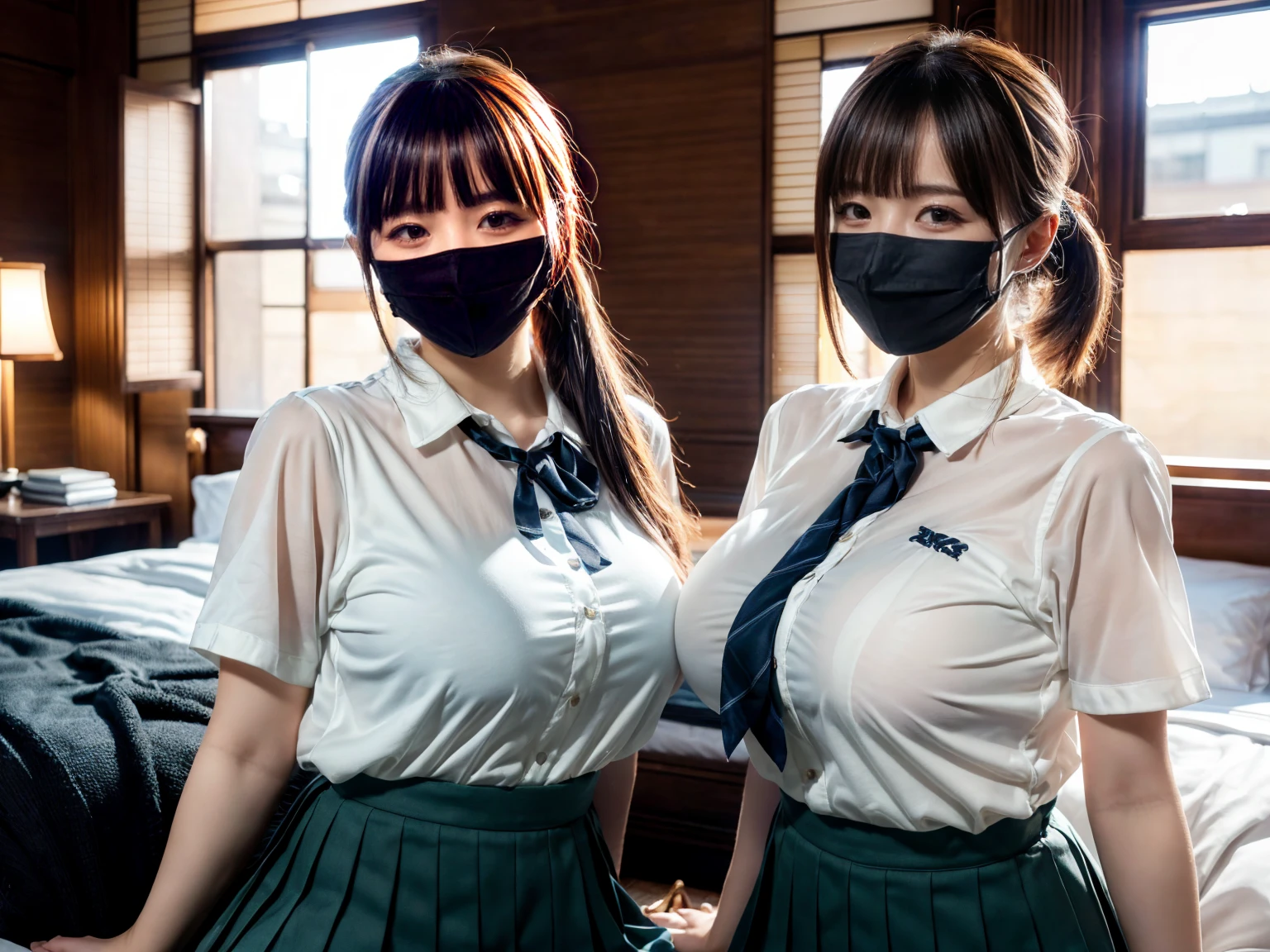 big breastes, very large breasts, wearing a medical mask, Loli in a mine skirt, high school uniform, panties stripe, girl of 15 years old